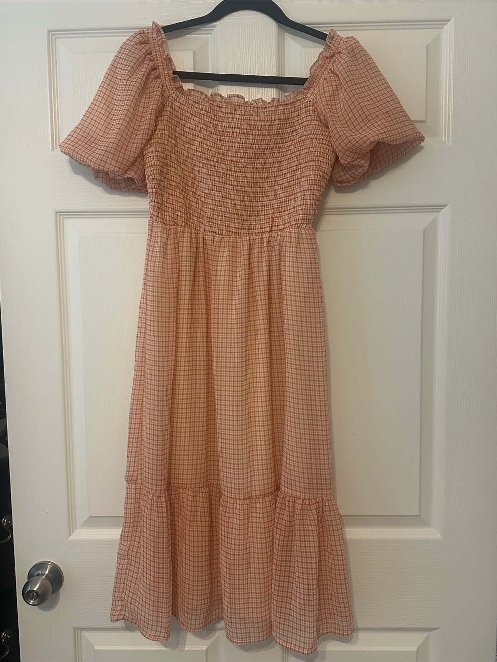 LC Lauren Conrad Peach Gingham Smocked Midi Dress